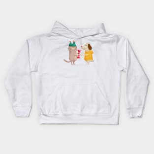 Illustration of a cat giving a bone to a dog as gift Kids Hoodie